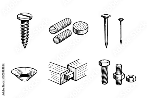 Hand-drawn fasteners and wood joinery illustration