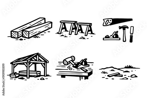 Black and white woodworking tools and structures illustration