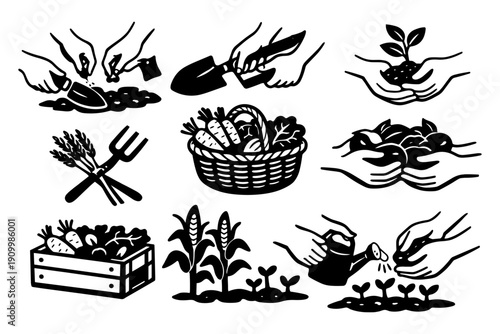 Black and white gardening icons: planting, harvesting, and watering