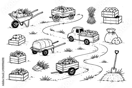 Monochrome farm harvest scene with produce and tools