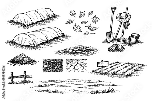 Hand-drawn gardening tools, soil, plants, and techniques