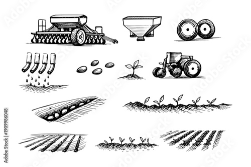 Hand-drawn farm equipment and plant growth stages illustration
