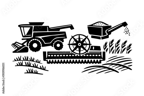 Black and white harvesting equipment silhouette with agricultural elements
