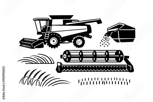 Agricultural machine icons: harvesting and grain processing