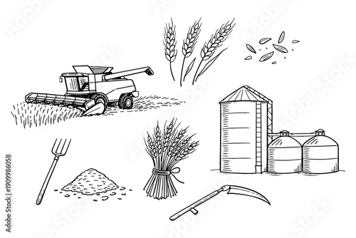 Agricultural harvesting equipment and wheat silos illustration