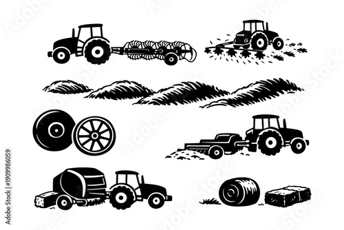 Vintage farm equipment illustrations: tractors and agricultural machinery in fields