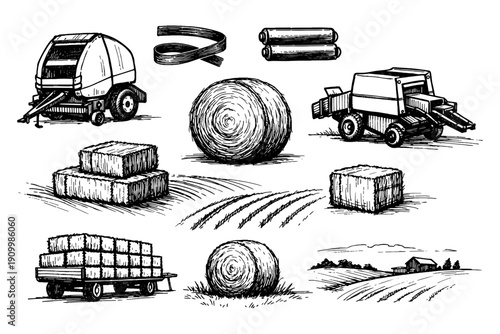 Vintage farm equipment and hay field sketches showcasing bales and harvest machinery