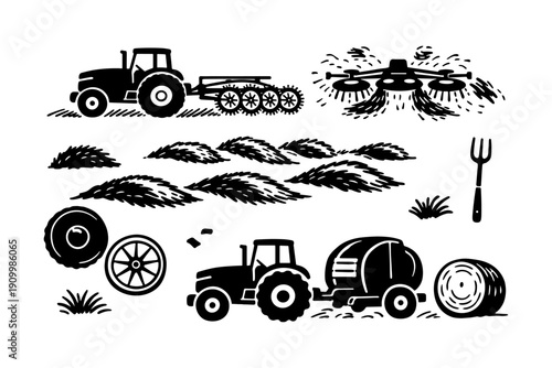 Vintage farming equipment and tractors silhouette illustration