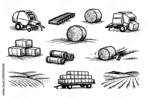 Hand-drawn hay bales and farming equipment on fields