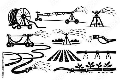 Various irrigation systems: sprinklers, drip lines, and hoses for efficient watering