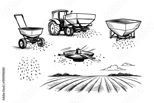 Agricultural machinery illustrations: tractor, spreader, drone, fertilizer distribution