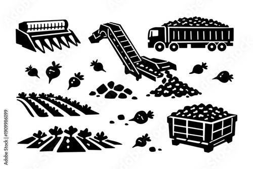 Monochrome beet harvest and farming equipment illustration