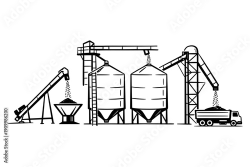 Industrial grain processing facility with silos and conveyor systems
