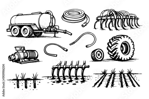 Agricultural equipment: tractor, hose, plow, pump, and tire sketches