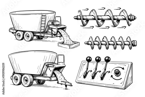 Industrial feed mixer and auger mechanism sketch with controls