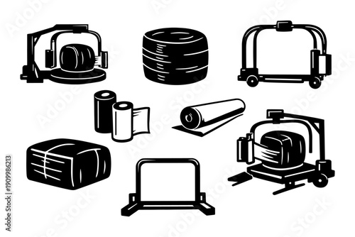 Silhouette set of agricultural bale wrappers and hay rolls