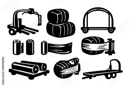 Silhouette collection of agricultural equipment icons: bale wrappers, rollers, trailers
