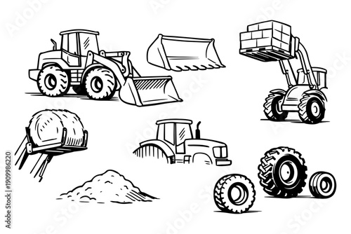 Construction vehicles: loaders, excavators, tractors, and equipment illustrations