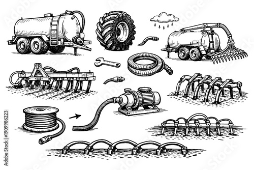 Illustration of agricultural equipment and machinery for farm needs