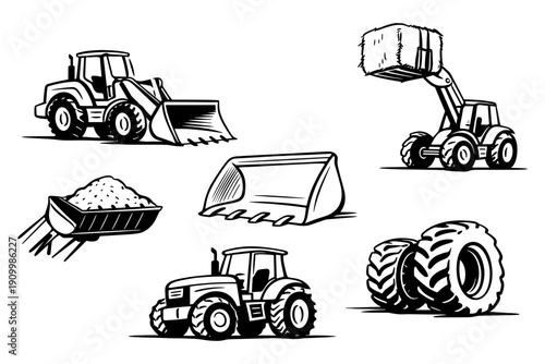Set of black and white construction equipment illustrations with tractors and loader attachments