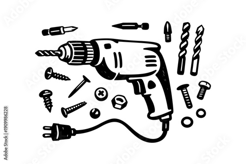 Black and white electric drill with assorted bits, screws, and fasteners