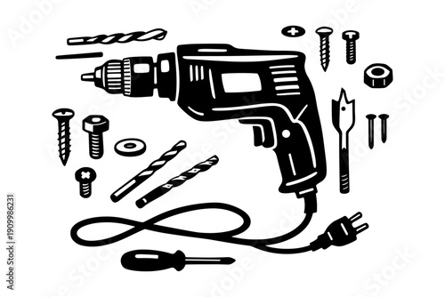 Electric power drill toolkit with various bits and screws