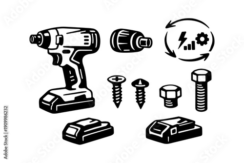 Black and white impact driver set with battery, screws, bolts, and drill bits
