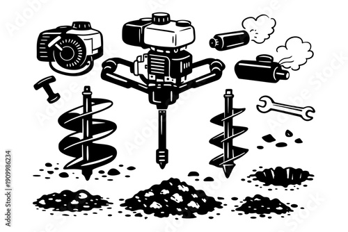 Monochrome illustration of auger drill and components for groundwork