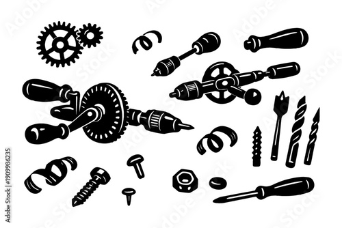Collection of vintage hand tools and drill bits in black and white