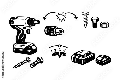 Cordless power drill with accessories and adjustable settings icons