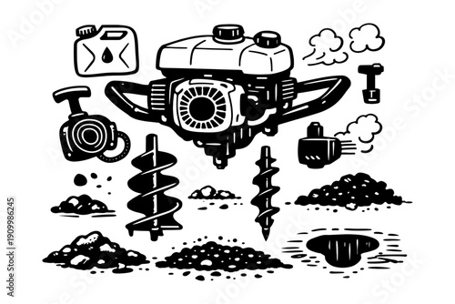 Gas-powered earth auger with drill bits and accessories for efficient digging