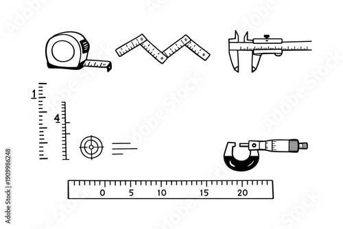 Various measuring tools illustrations: tape measure, caliper, ruler, gauge, protractor, micrometer