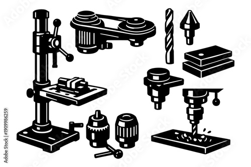 Black and white drill press with components: industrial tools and accessories