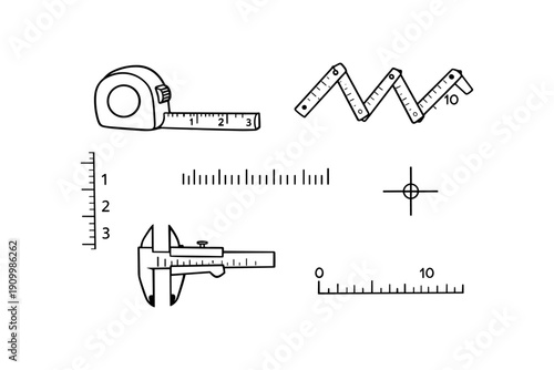 Various measuring tools: tape measure, caliper, ruler, protractor