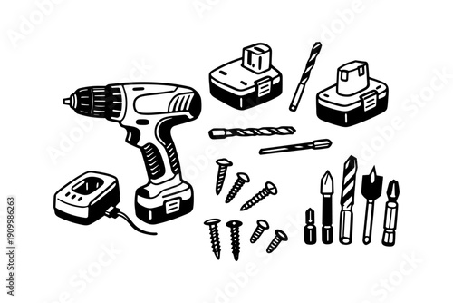 Cordless drill and accessories: battery, charger, drill bits, screws
