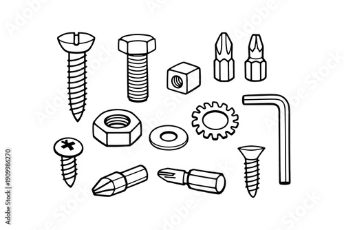 Assorted hardware components: screws, nuts, bolts, washers, and hex keys