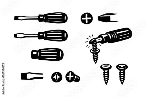 Black and white screwdriver and screw set illustration with various tips and screws