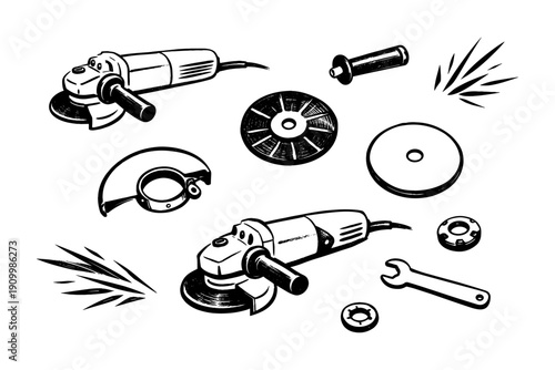 Hand-drawn electric grinder tools and accessories vector illustration
