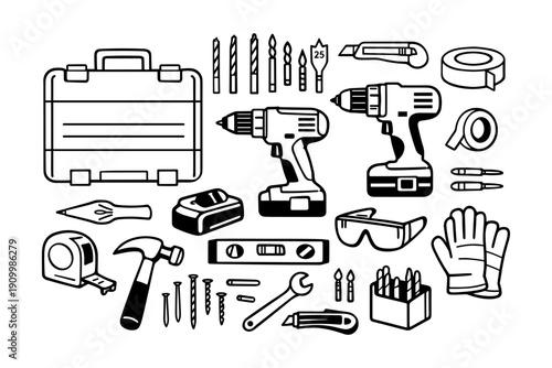 Variety of essential diy tools: drill, hammer, tape, safety gear, and more
