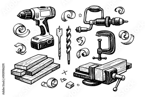 Hand-drawn woodworking tools and elements: drill, clamps, and wood shavings