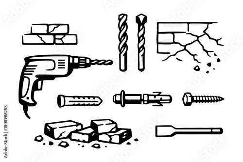 Power drill and masonry tools with brick illustrations