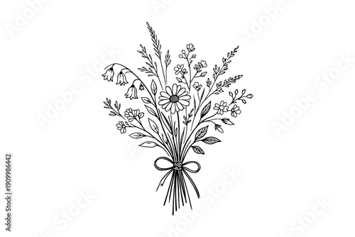 Hand-drawn botanical bouquet with wildflowers and leaves tied with a ribbon