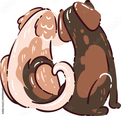 Two dogs sitting back to back. Curved tails connect in heart shape, floppy ears, soft fur, gentle pose and calm mood. Cute dog couple, outline cartoon vector illustration.