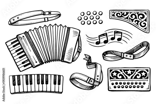 Monochrome accordion illustrations with musical elements