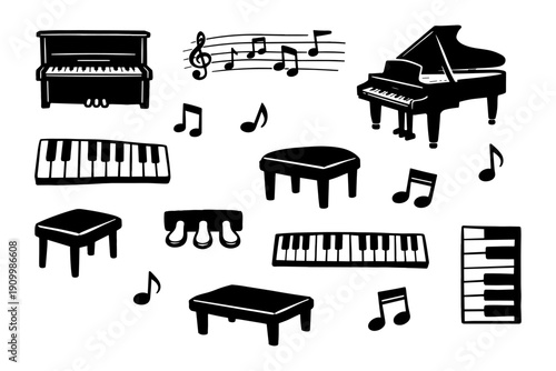 Musical instruments and notes: pianos, keyboards, pedals, and sheet music illustration