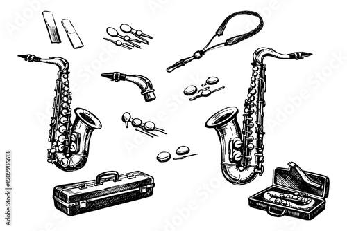 Hand-drawn saxophone illustrations with accessories and unique details