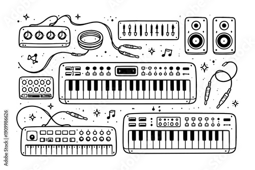 Synthesizer, mixer, and speaker setup with musical notes and cables illustration