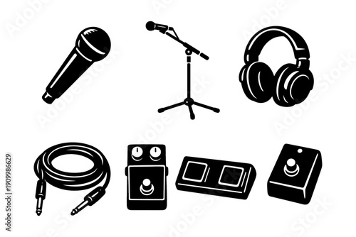 Audio equipment icons: microphone, headphones, stand, cable, pedals variety
