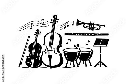 Classical music ensemble with violin, cello, trumpet, timpani, and sheet music stand