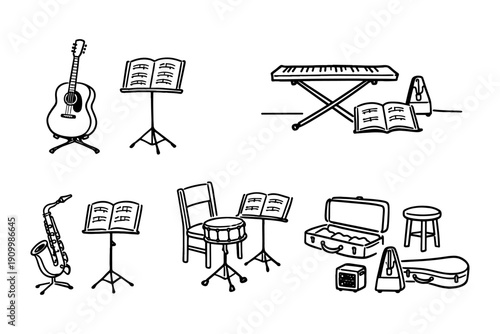 Musical instruments and stands: guitar, piano, saxophone, drums setup
